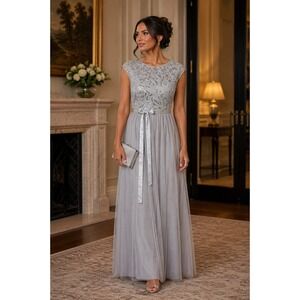 Candalite Silver Sequin Tulle Formal Maxi Dress Small